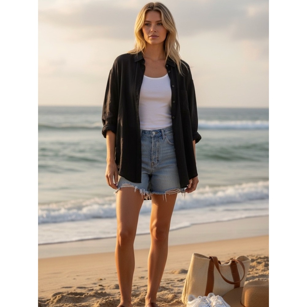 J.Crew Relaxed Fit Linen Blend Button Down Top L Black